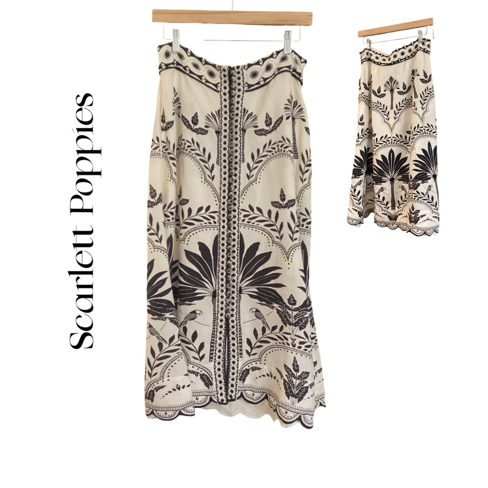 Scarlett Poppies Off White & Black Linen Blend Skirt  Embroidery Details